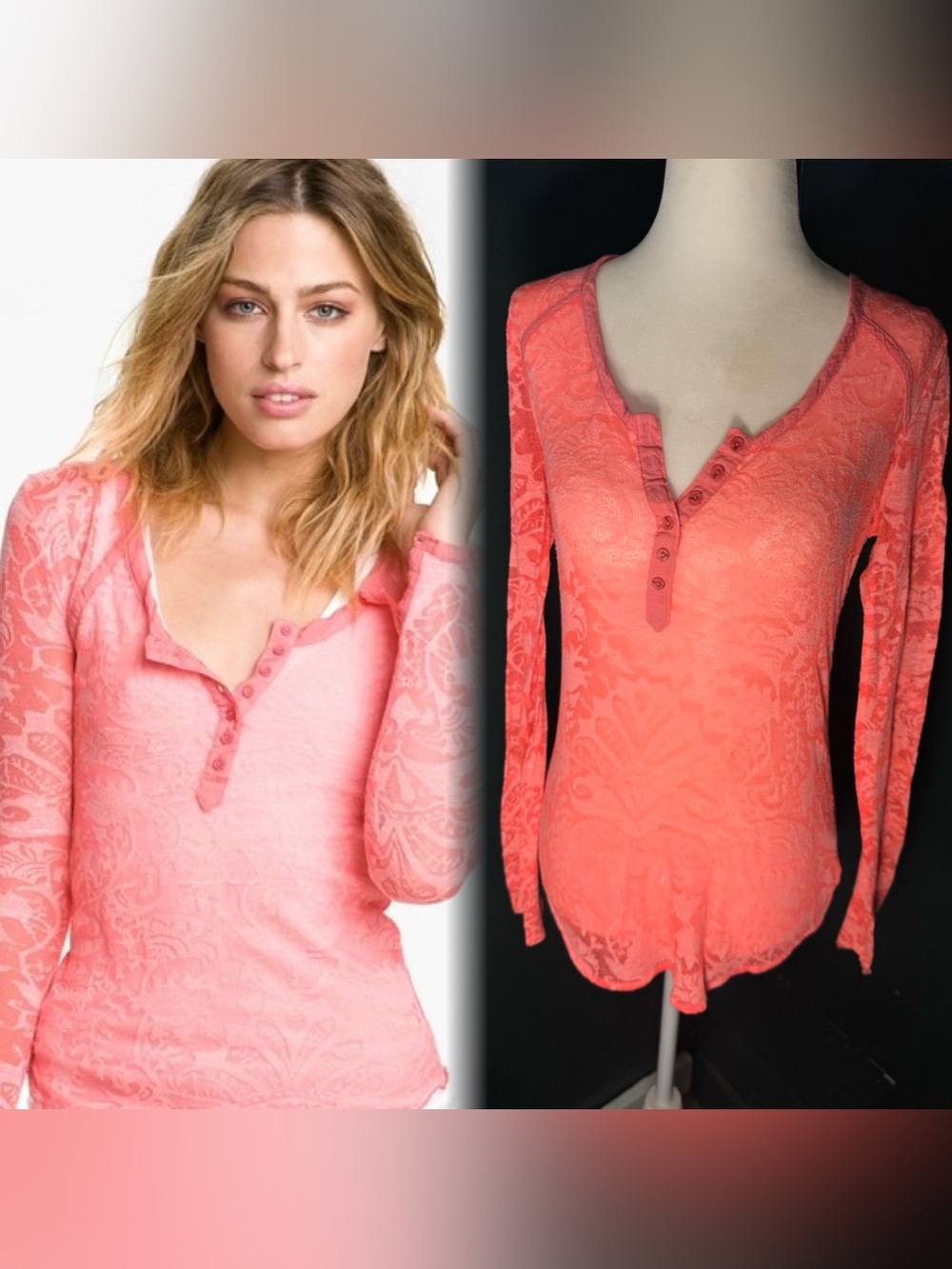 Free People Intimately • Damask Burnout Henley Long Sleeve Top • Pink M